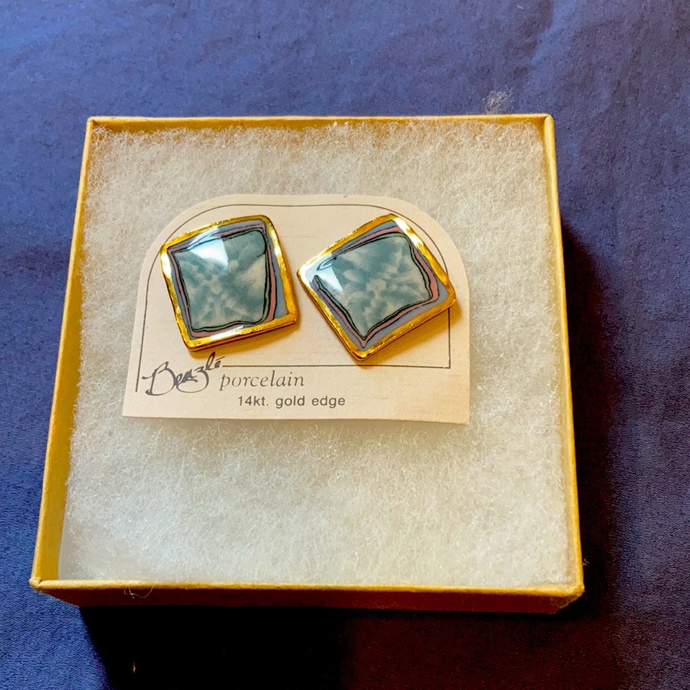 Porcelain blue earrings with 14k gold edge